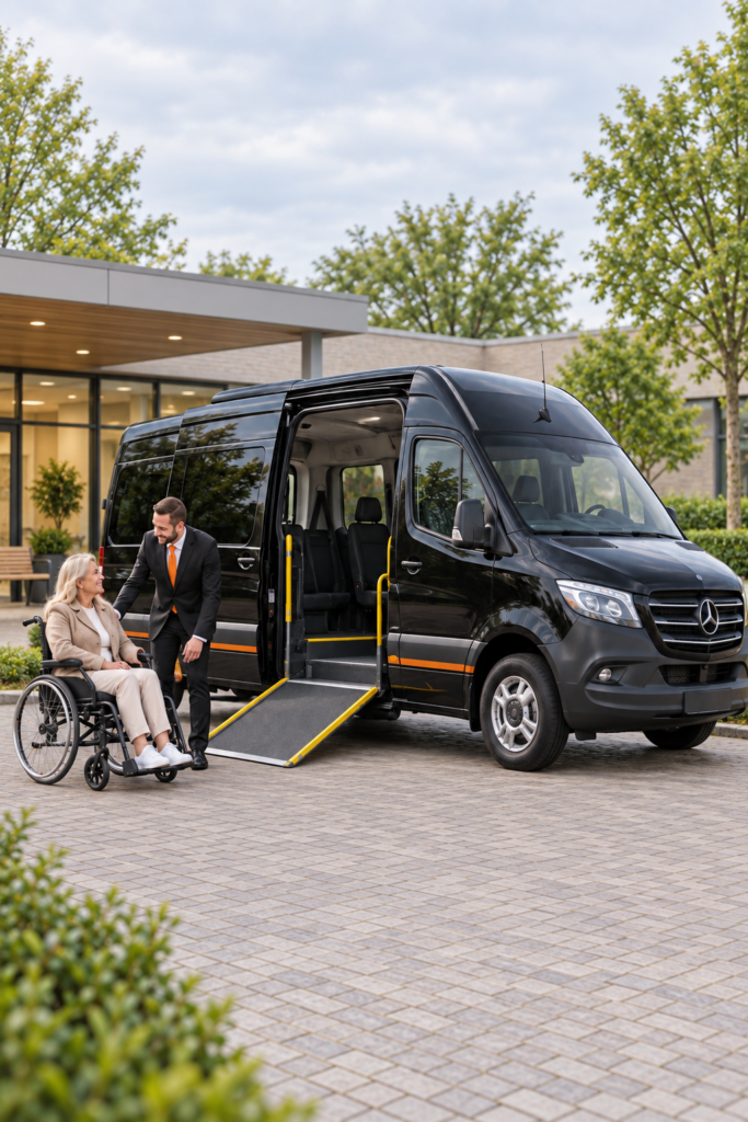 Rolstoelgebruiker bij een Mercedes Sprinter rolstoelbus